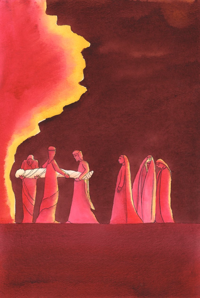 Como Maria, às vezes temos que enfrentar o Enterro de nossas esperanças terrenas; no entanto, Deus pode nos dar alegria duradoura se colocarmos nossa confiança Nele, 2002 (w - c no papel) de Elizabeth Wang