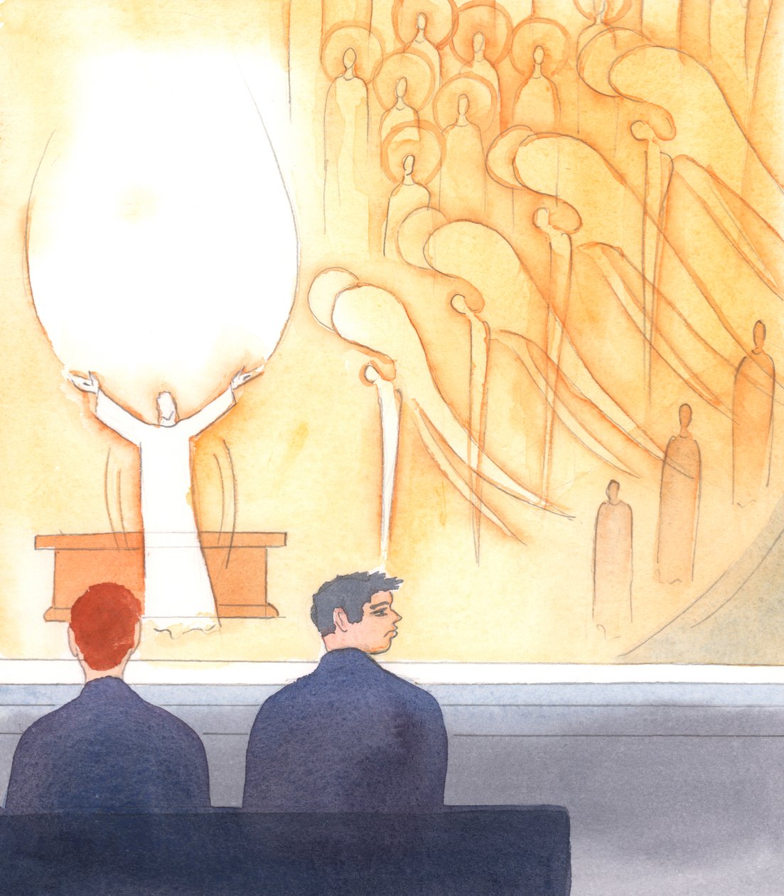 Muitos católicos não fazem ideia do que está realmente a acontecer na missa, 2005 (aguarela sobre papel) de Elizabeth Wang