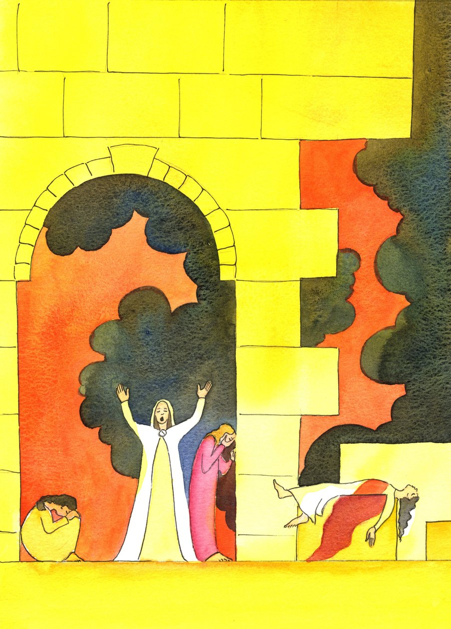 Muitos anos antes do nascimento de Cristo, Jerusalém foi invadida e o templo sagrado profanado e destruído, para horror do povo, 2001 (w - c no papel) de Elizabeth Wang