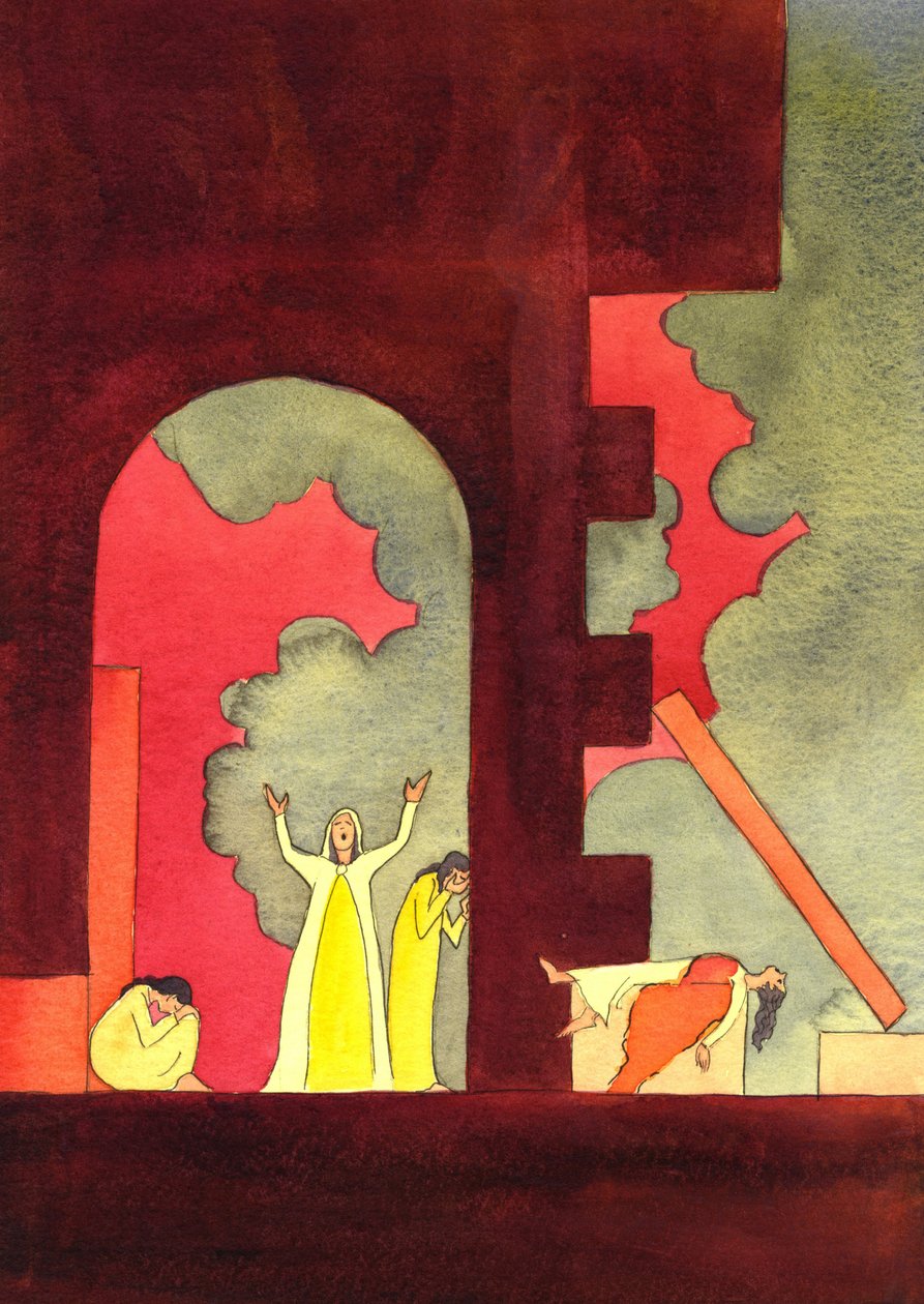Muitos anos antes do nascimento de Cristo, Jerusalém foi invadida e o templo sagrado profanado e destruído, para horror do povo, 2001 (w - c no papel) de Elizabeth Wang