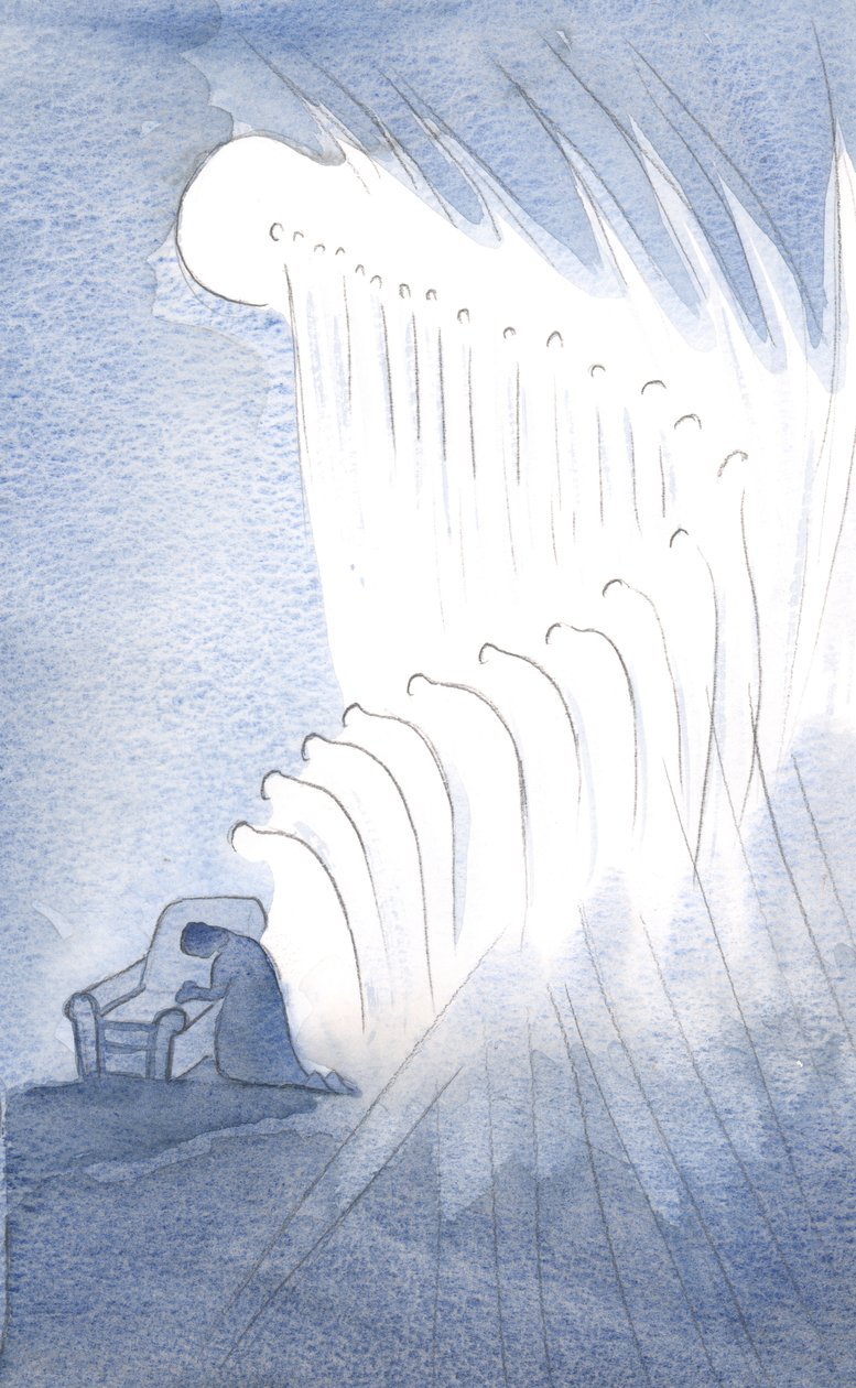 Meu anjo da guarda, e muitos outros, curvaram-se em oração reverente às palavras: "Glória ao Pai", 2001 (w - c no papel) de Elizabeth Wang