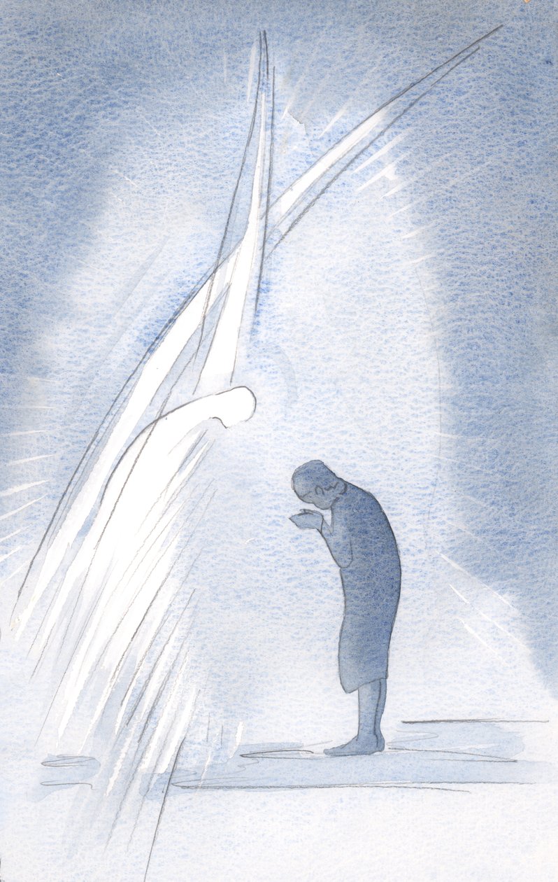 Meu próprio Santo Anjo Guardião repete a oração que faço, curvando-se e dizendo em nome de Cristo: &39;Três em um, Santo Deus, eu te adoro&39;, 2000 (w - c no papel) de Elizabeth Wang