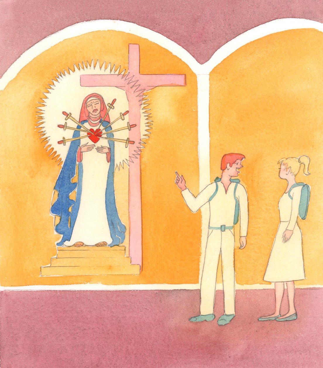 Nenhum católico deve desprezar as nossas antigas devoções cristãs, ou as de outras culturas cristãs, onde o imaginário da fé se reveste de uma aparência invulgar ou desconhecida; por exemplo, Nossa Senhora das Dores, 2005 (aguarela sobre papel) de Elizabeth Wang