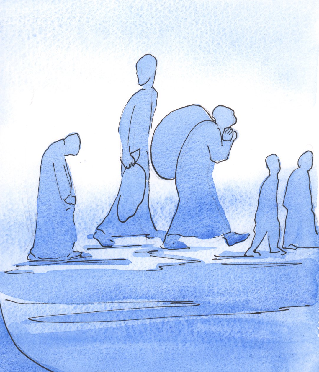 A caminho de um país maravilhoso: A Igreja é como um grupo de refugiados atenciosos que esperam perigo, fuga e sofrimento. Eles carregam o que precisam, 2003 (w - c no papel) de Elizabeth Wang