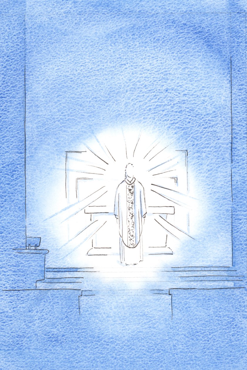 Na festa da Visitação, apareceu Cristo, trazendo uma casula dourada em homenagem a Sua Santa Mãe Maria, 2002 (w - c no papel) de Elizabeth Wang