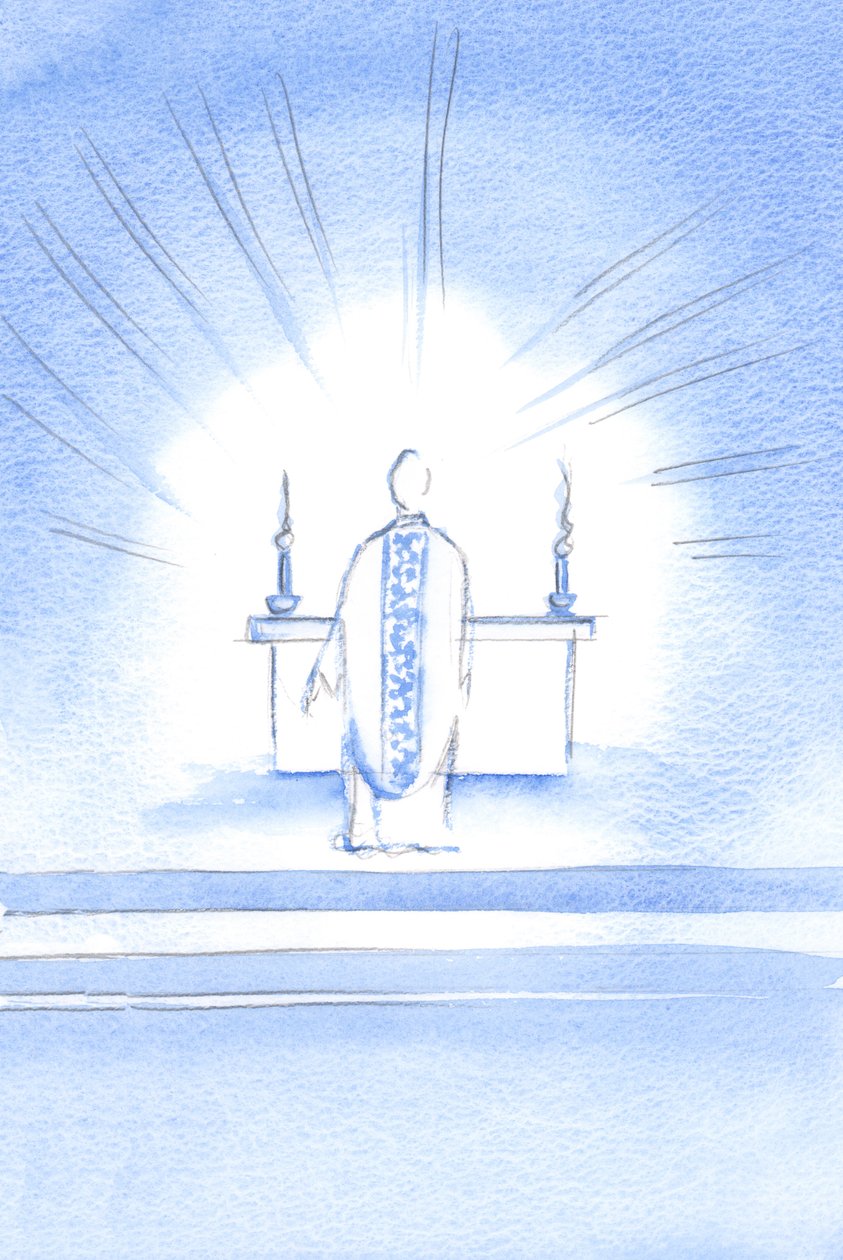 Na festa da Visitação, apareceu Cristo, trazendo uma casula dourada em homenagem a Sua Santa Mãe Maria, 2002 (w - c no papel) de Elizabeth Wang