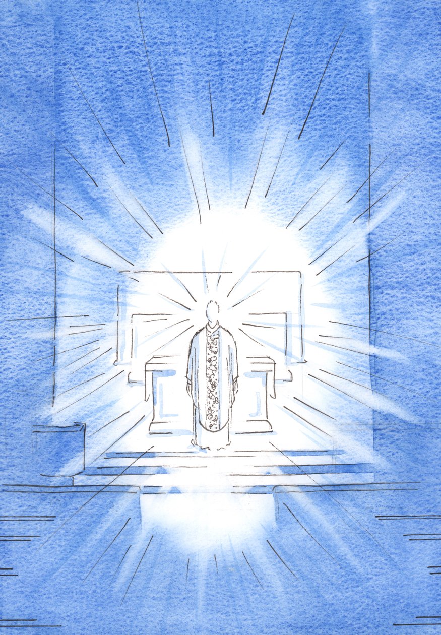 Na festa da Visitação, apareceu Cristo, trazendo uma casula dourada em homenagem a Sua Santa Mãe Maria, 2002 (w - c no papel) de Elizabeth Wang