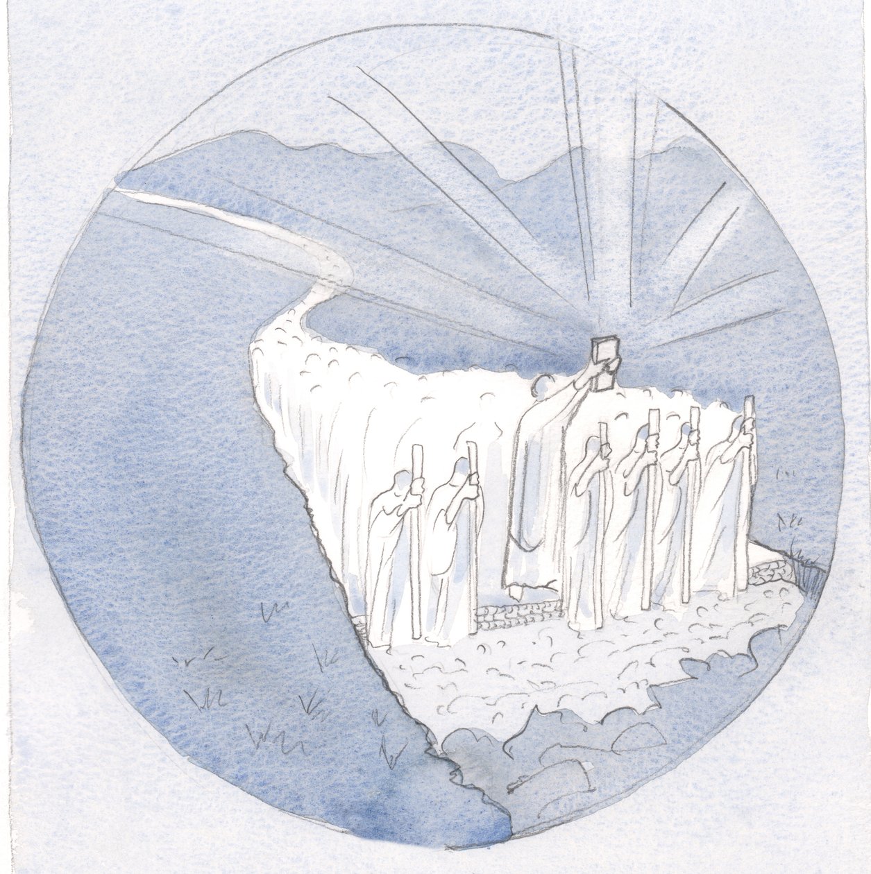 No caminho da Sagrada Tradição, erguendo no alto as Sagradas Escrituras, caminham os professores: bispos e padres com todo o povo., 2001 (w - c no papel) de Elizabeth Wang