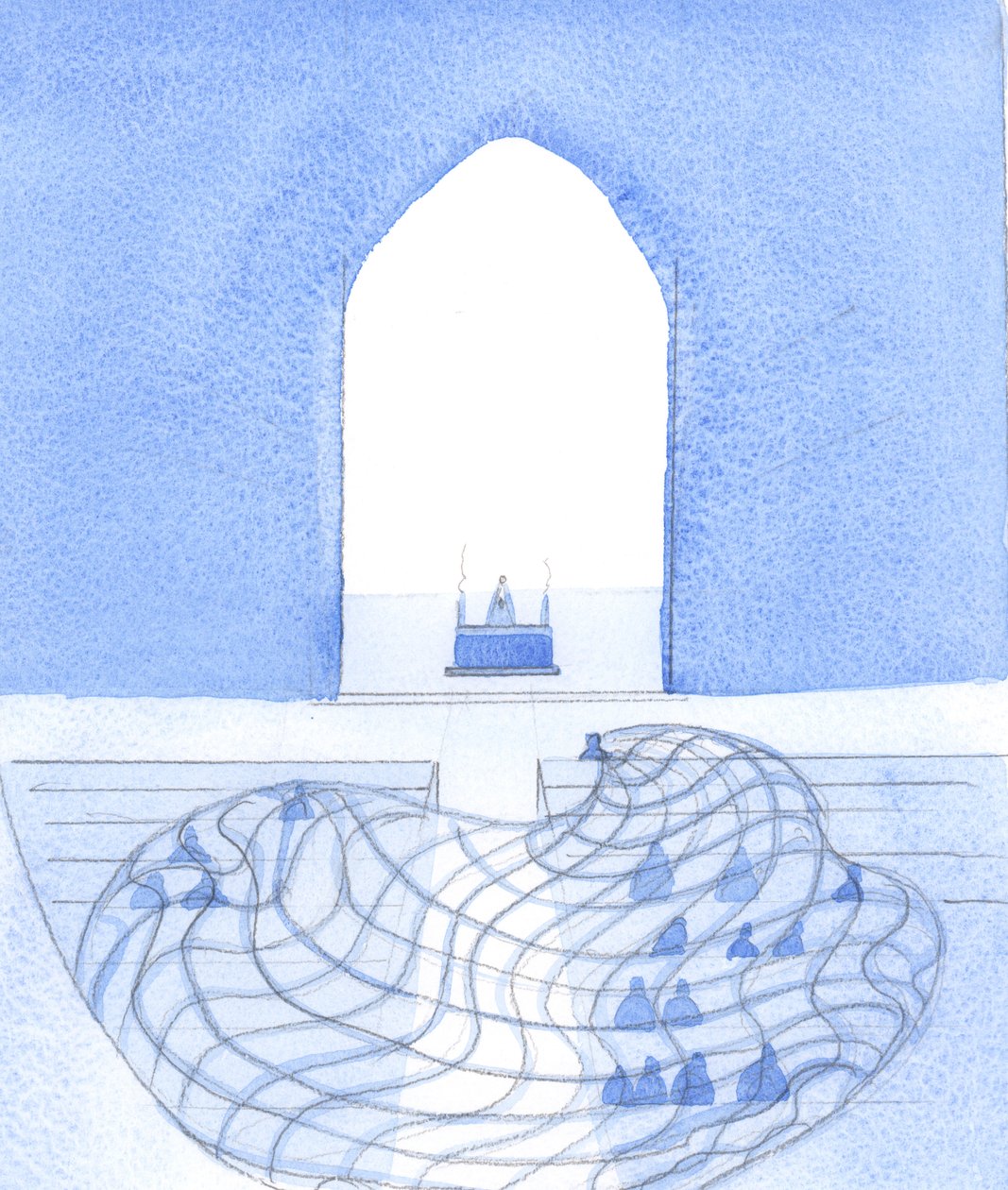 Aquele que une a sua oração com a oração de Cristo no altar atrai (como numa rede) todos no seu coração, para Deus, 2002 (w - c no papel) de Elizabeth Wang
