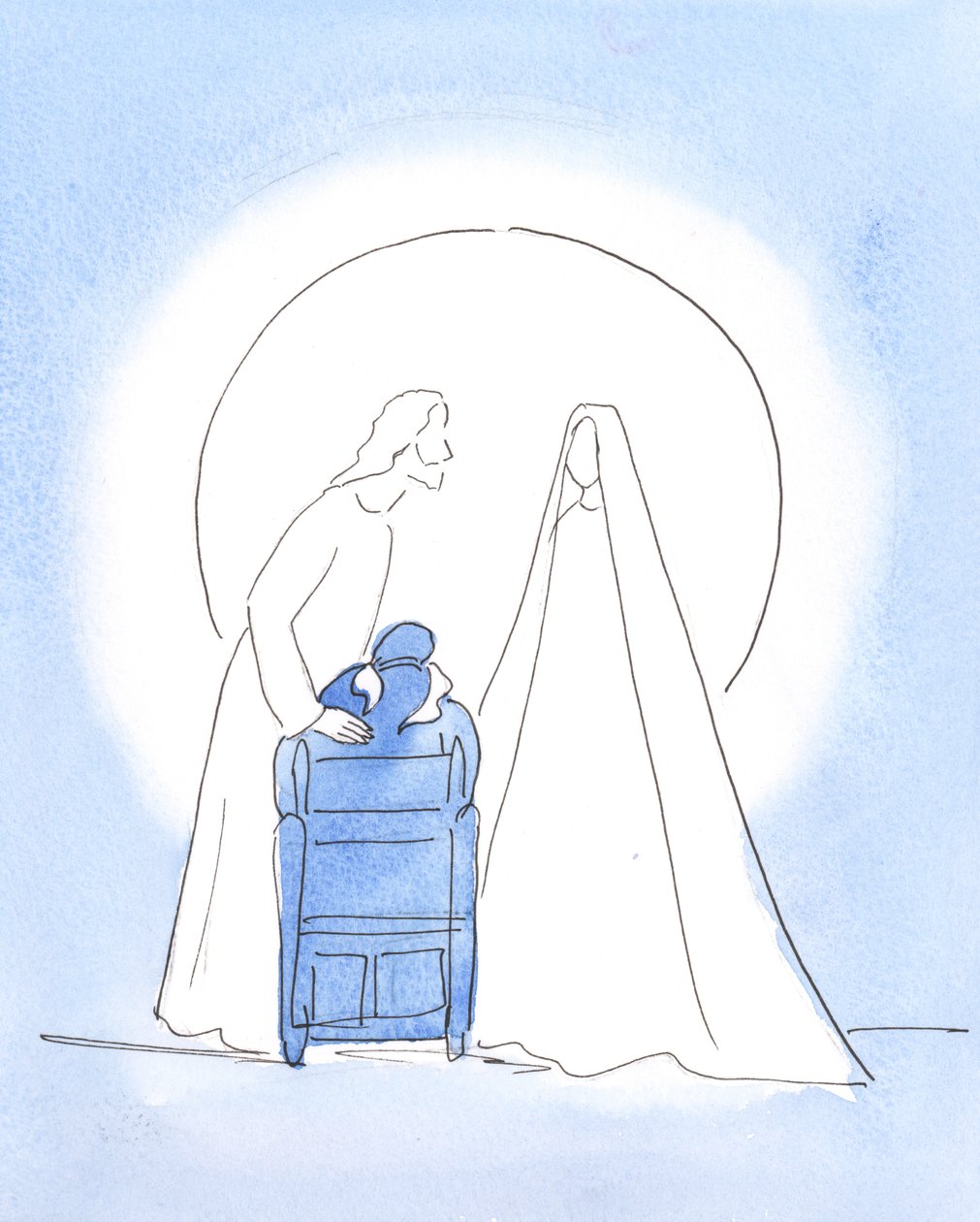 Nossa Senhora estava comigo, com seu Filho, oferecendo uma saudação pascal. Ambos ficaram maravilhados com minha alegria em vê-los e em saber que estão felizes no céu, 2003 (w - c no papel) de Elizabeth Wang