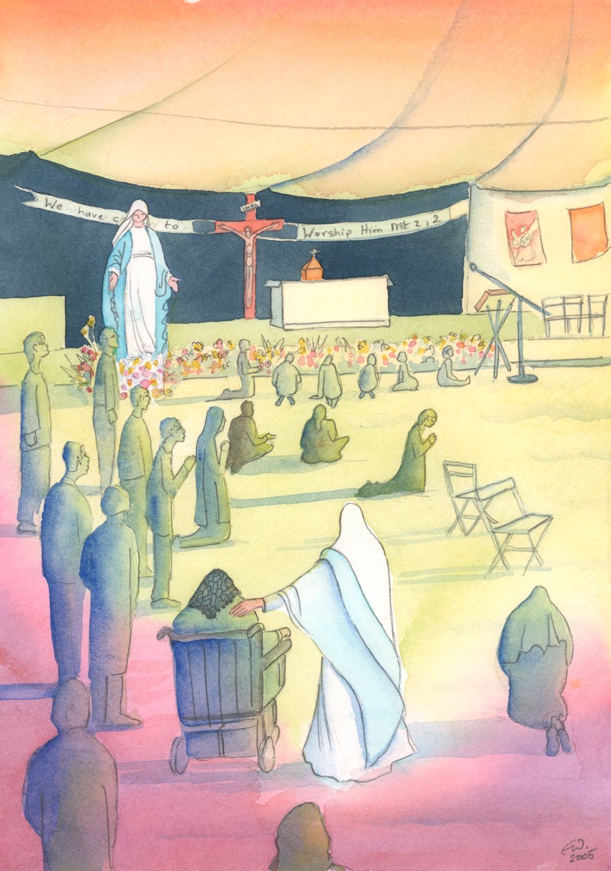 Nossa Senhora vem estar conosco enquanto adoramos a Deus e a honramos, 2004 (w - c no papel) de Elizabeth Wang