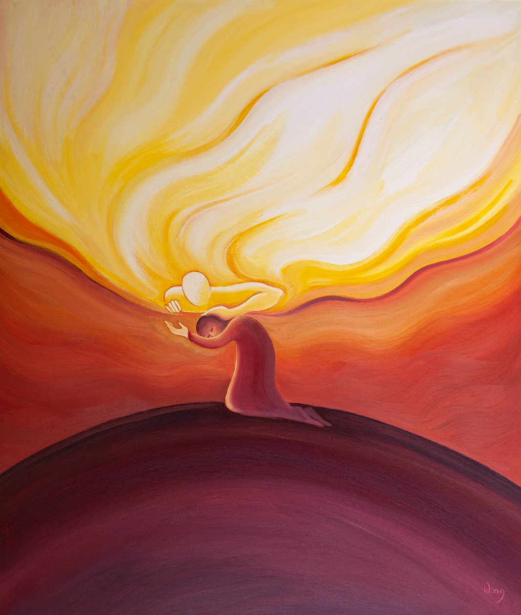 Nossas menores orações são bem-vindas, ouvidas e recompensadas por Deus, que é como um pai acariciando seu filho amado, 2001 (óleo a bordo) de Elizabeth Wang