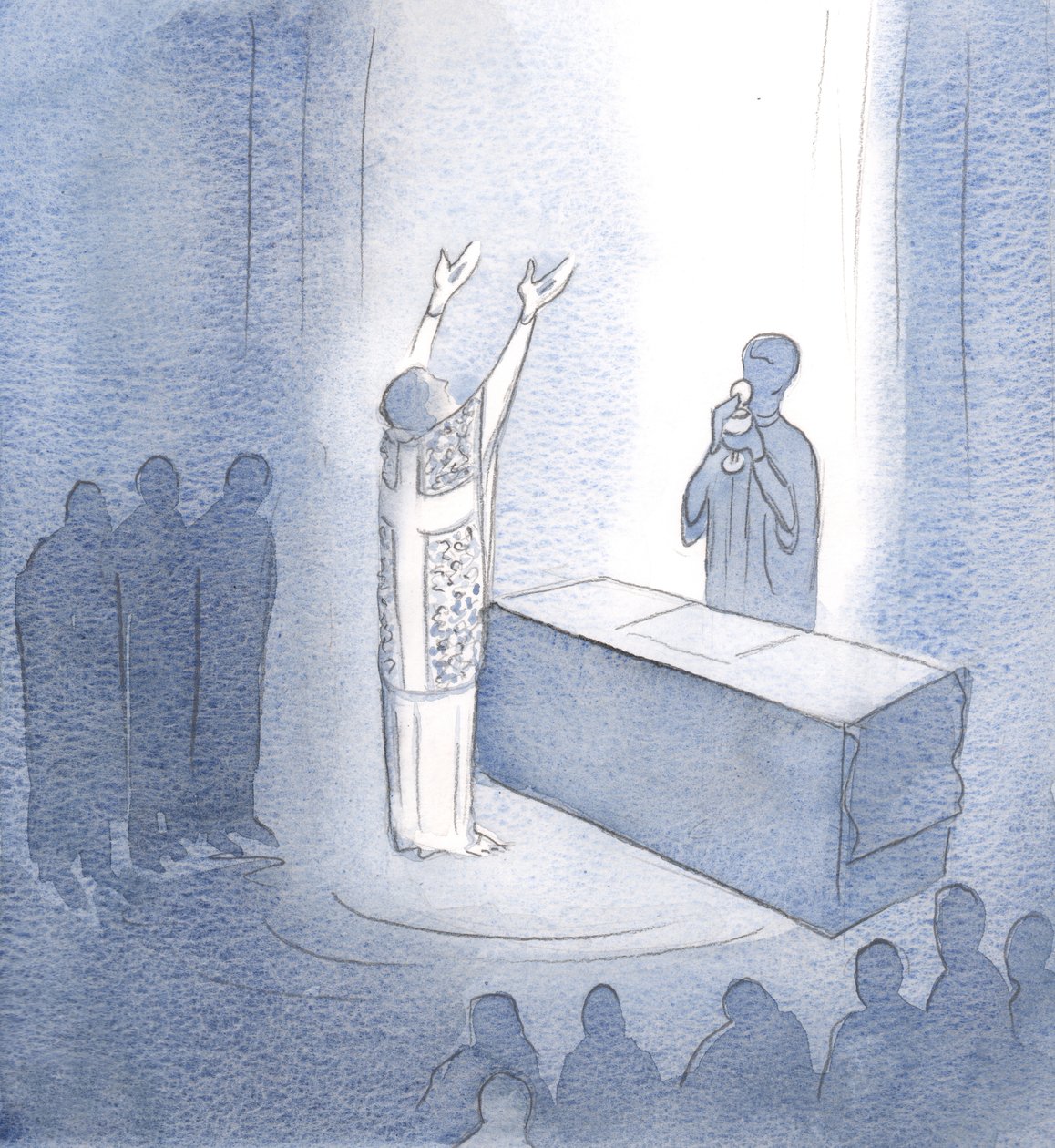 Nossas orações são ouvidas por este motivo: Elas se unem à oração de Cristo que está presente, nosso eterno Sumo Sacerdote., 2001 (w - c no papel) de Elizabeth Wang