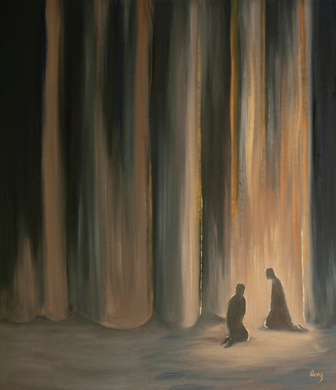 Nossas orações, mesmo na escuridão, nos unem a Jesus, que nos prepara para a glória celestial que está atrás da cortina, 2001 (óleo a bordo) de Elizabeth Wang