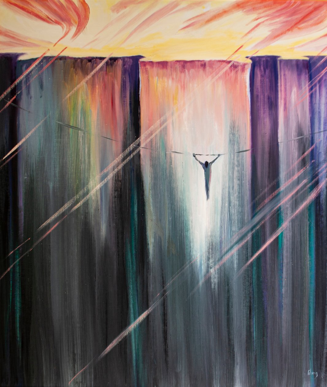 Sobre o abismo das trevas espirituais, nossa fé em Cristo permite que nos agarremos a um fio de esperança, 2000 (óleo a bordo) de Elizabeth Wang