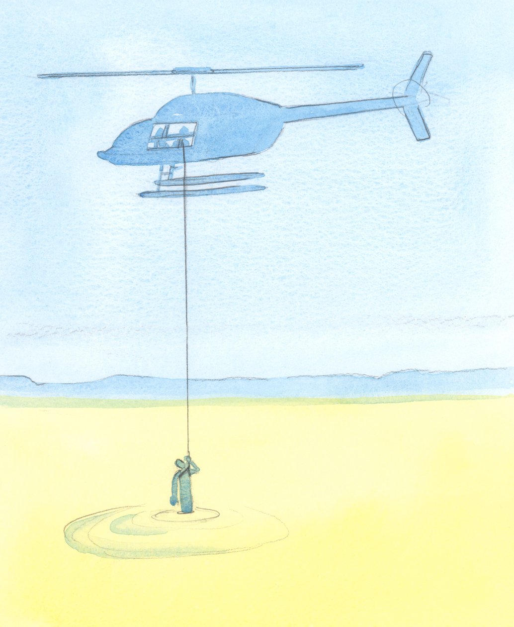 As pessoas são ajudadas por nossas intercessões por eles em oração tão seguramente quanto uma pessoa desesperada apanhada em uma areia movediça é ajudada por amigos que a puxam de um helicóptero para um local seguro, 2003 (w - c no papel) de Elizabeth Wang