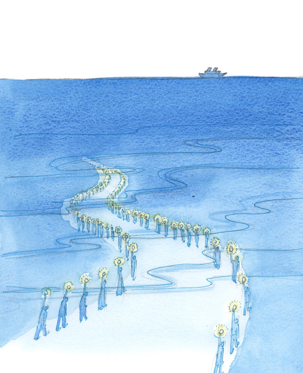 Pessoas que morrem enquanto rezam (como aqueles que morreram rezando o Rosário no Titanic) estão marchando por uma estrada que parece levar à escuridão, 2002 (w - c no papel) de Elizabeth Wang