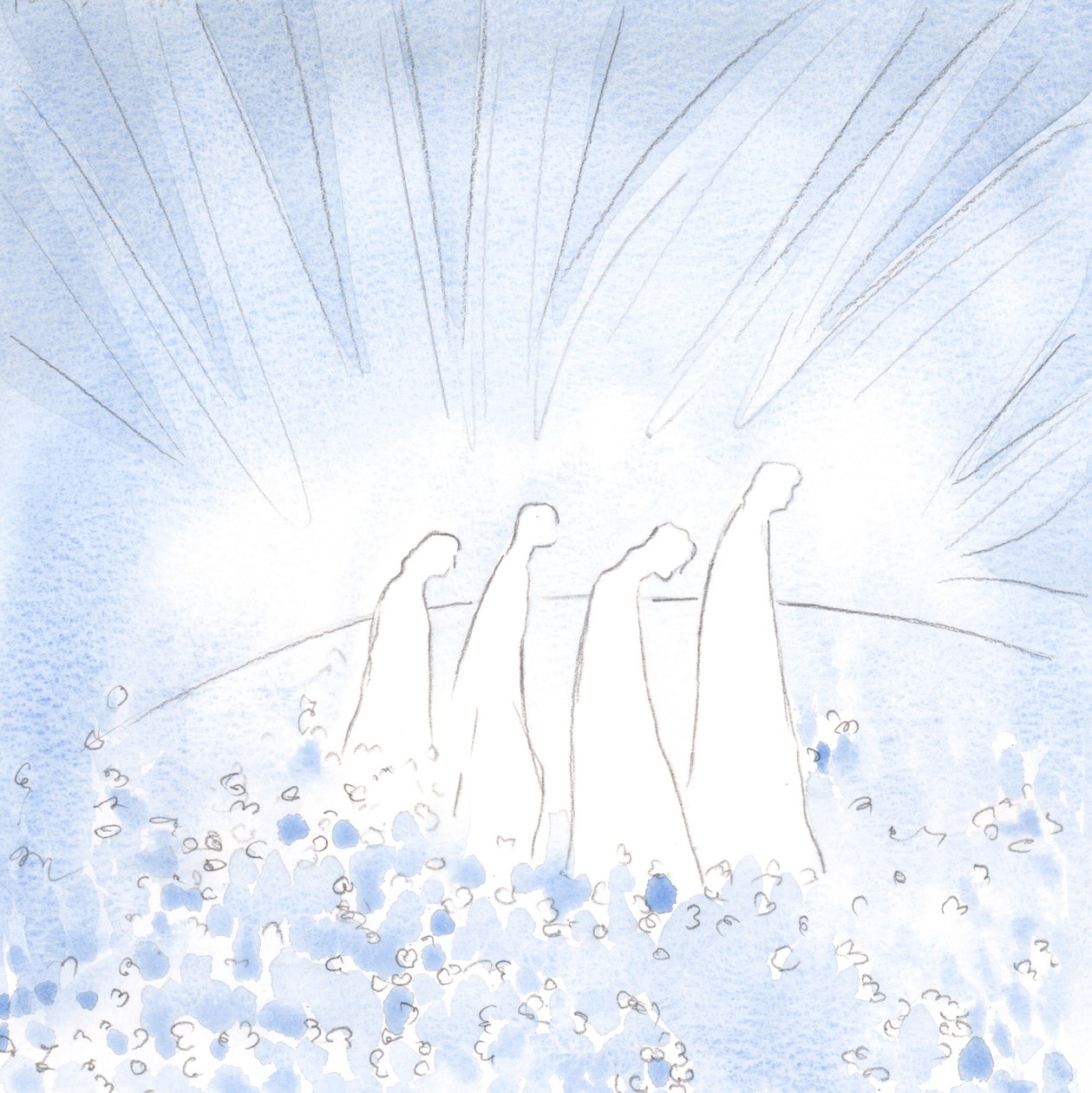 Almas purificadas agora caminham sobre um tapete de flores, em alegria e simplicidade, livres de todo cinismo e dureza de coração., 2001 (w - c no papel) de Elizabeth Wang