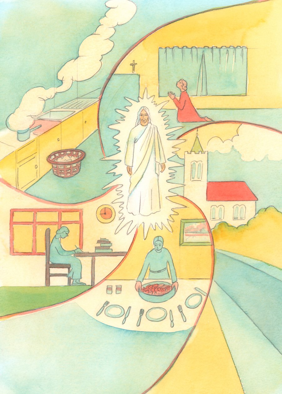 Alguém que mantém Cristo no centro da vida O tem como um fator unificador entre as muitas pessoas e incidentes de toda aquela vida, 2003 (w - c no papel) de Elizabeth Wang