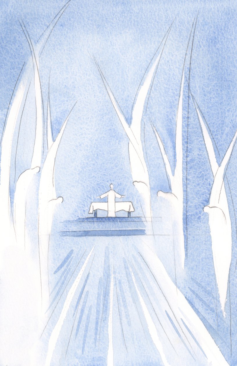 Os anjos se curvaram na oferta de Cristo, agrupados ao redor Dele. Outros se curvam em profunda reverência, por toda a igreja., 2001 (w - c no papel) de Elizabeth Wang