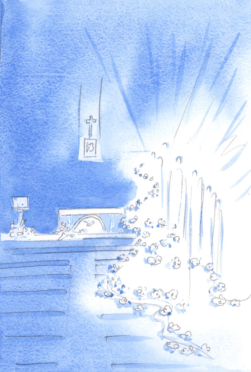 Estavam presentes os Santos Anjos: decoravam a Igreja com guirlandas, mostrando a alegria do Céu com uma ordenação de 2002 (w - c no papel) de Elizabeth Wang