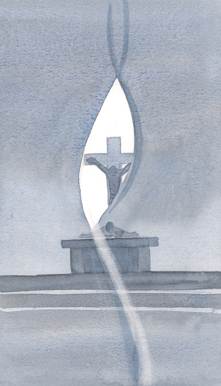 O Espírito Santo perfura o véu na Santa Missa e nos revela o mistério dos sofrimentos de Cristo., 2000 (w - c no papel) de Elizabeth Wang