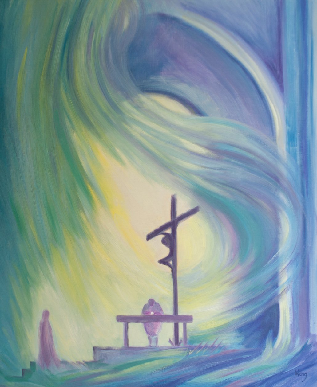A Missa é como uma janela no tempo, através da qual estamos presentes ao Sacrifício Salvador de Cristo, como olha Maria, 2000 (óleo a bordo) de Elizabeth Wang