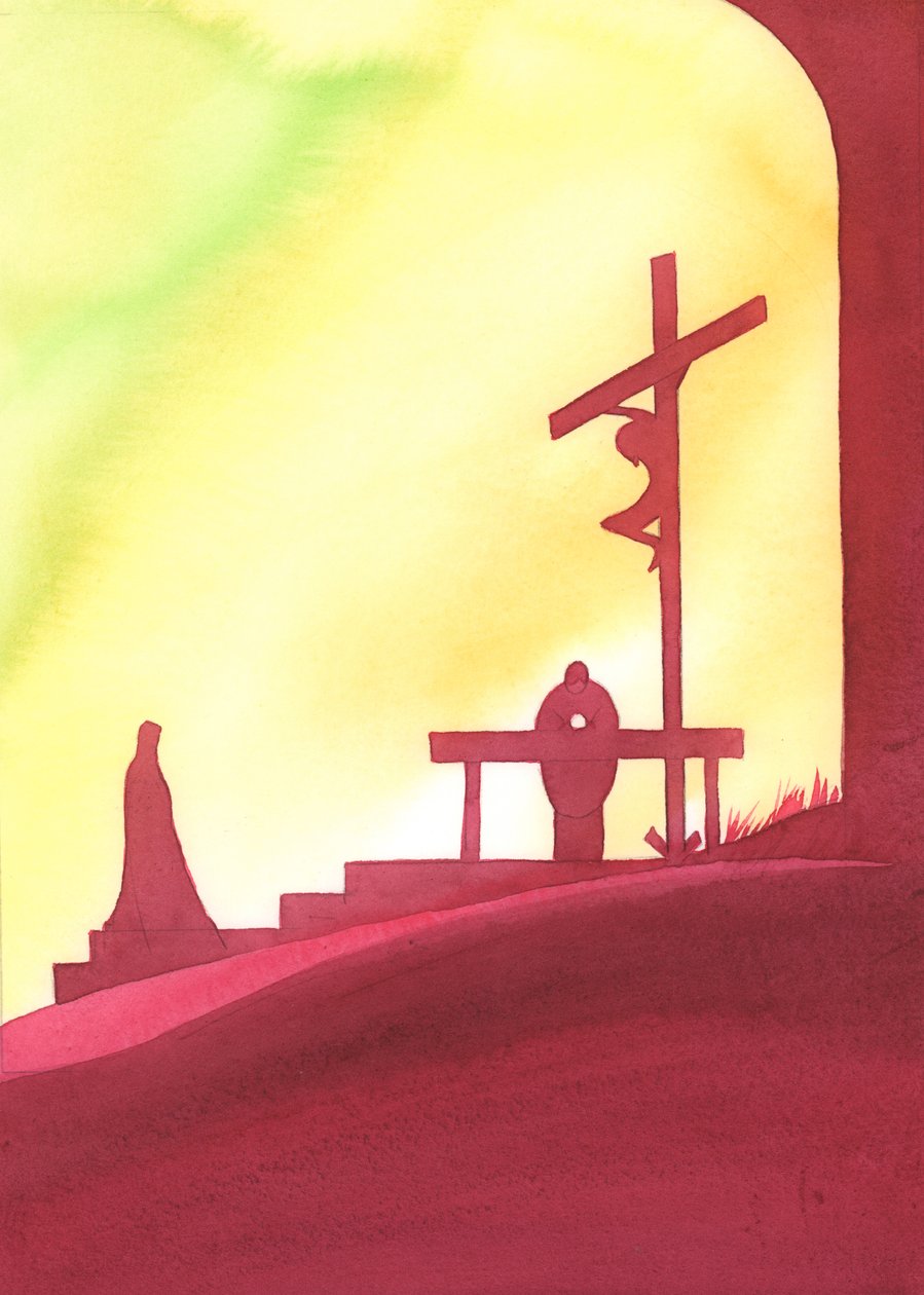 A Missa é como uma janela no tempo, através da qual estamos presentes ao Sacrifício Salvador de Cristo, como olha Maria, 2000 (w - c no papel) de Elizabeth Wang