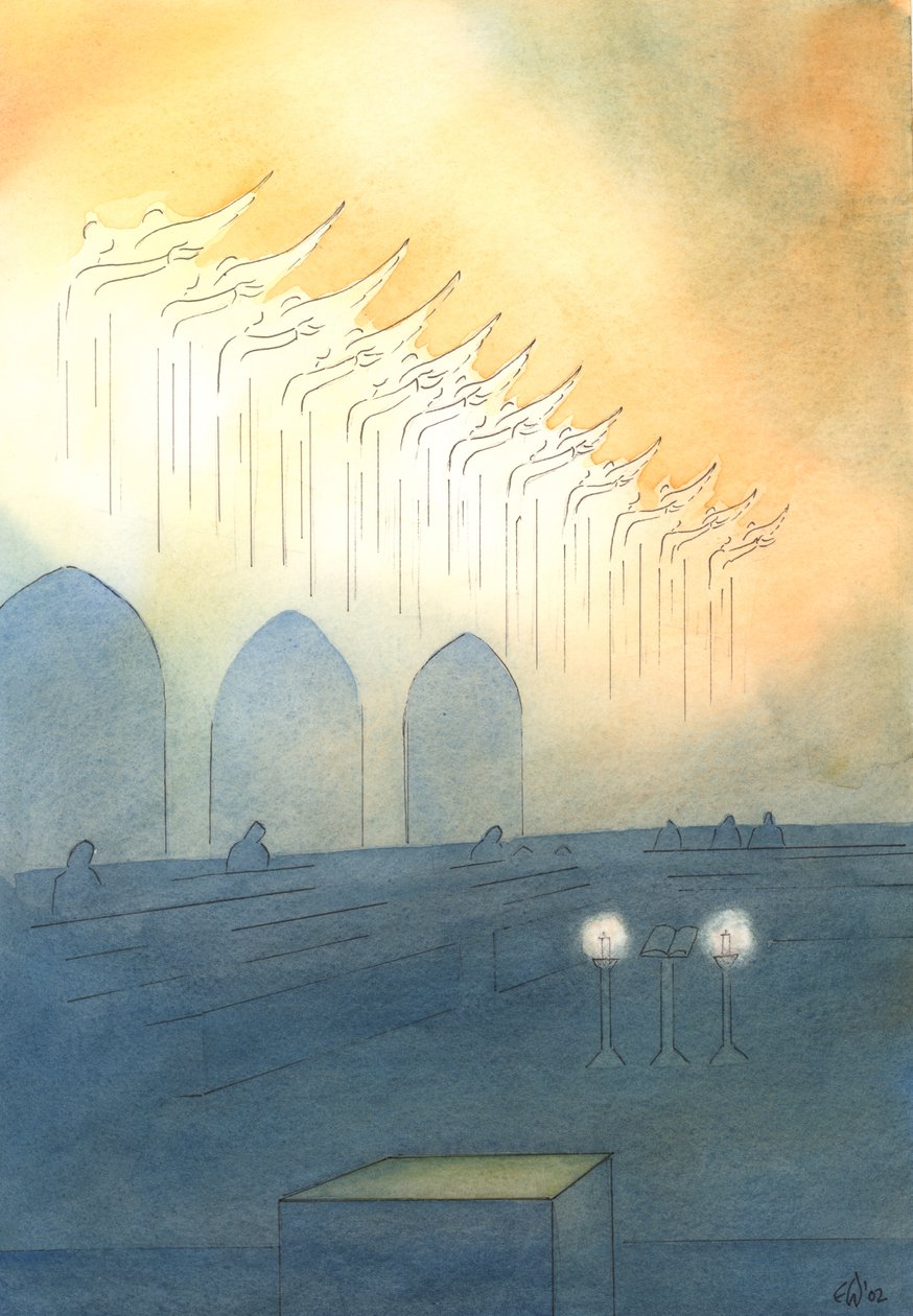 Os Santos e os Anjos estão perto de nós na igreja, unindo-se aos louvores que oferecemos à Santíssima Trindade, 2003 (w - c no papel) de Elizabeth Wang