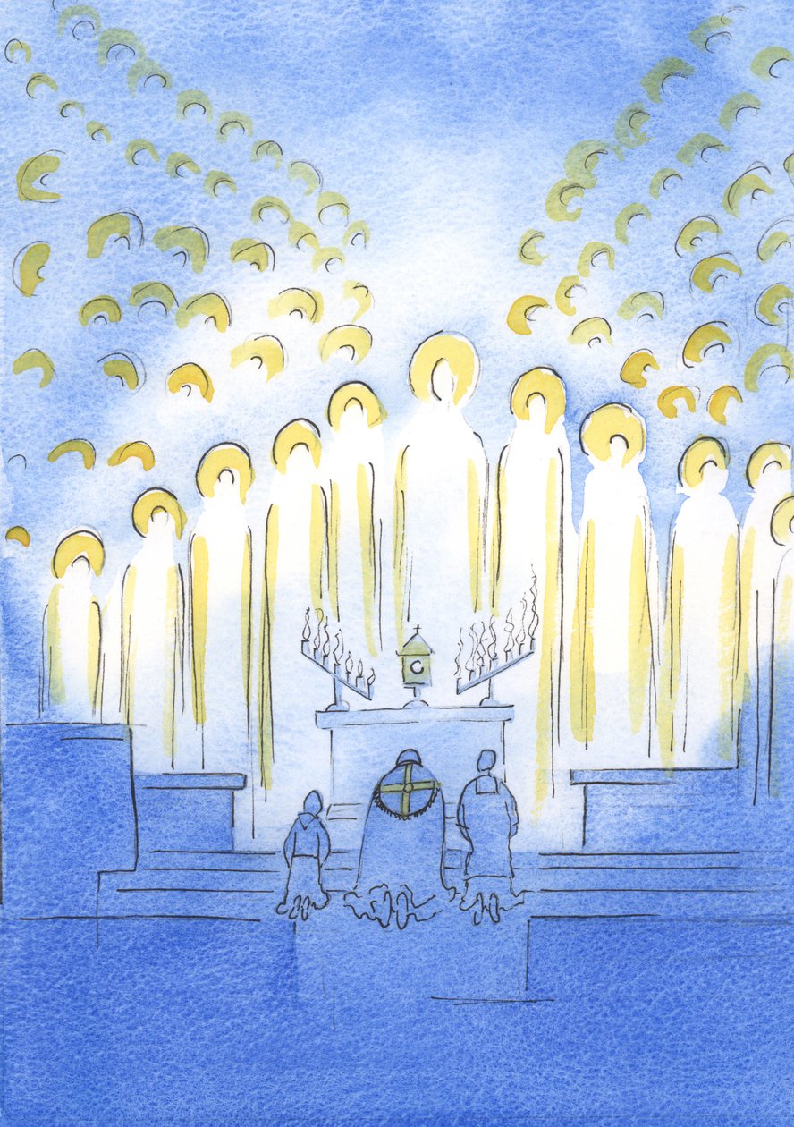 Os Santos estão aqui reunidos com Cristo, na Exposição, todos radiantes de alegria pelo Seu amor e pela nossa devoção, 2003 (w - c no papel) de Elizabeth Wang