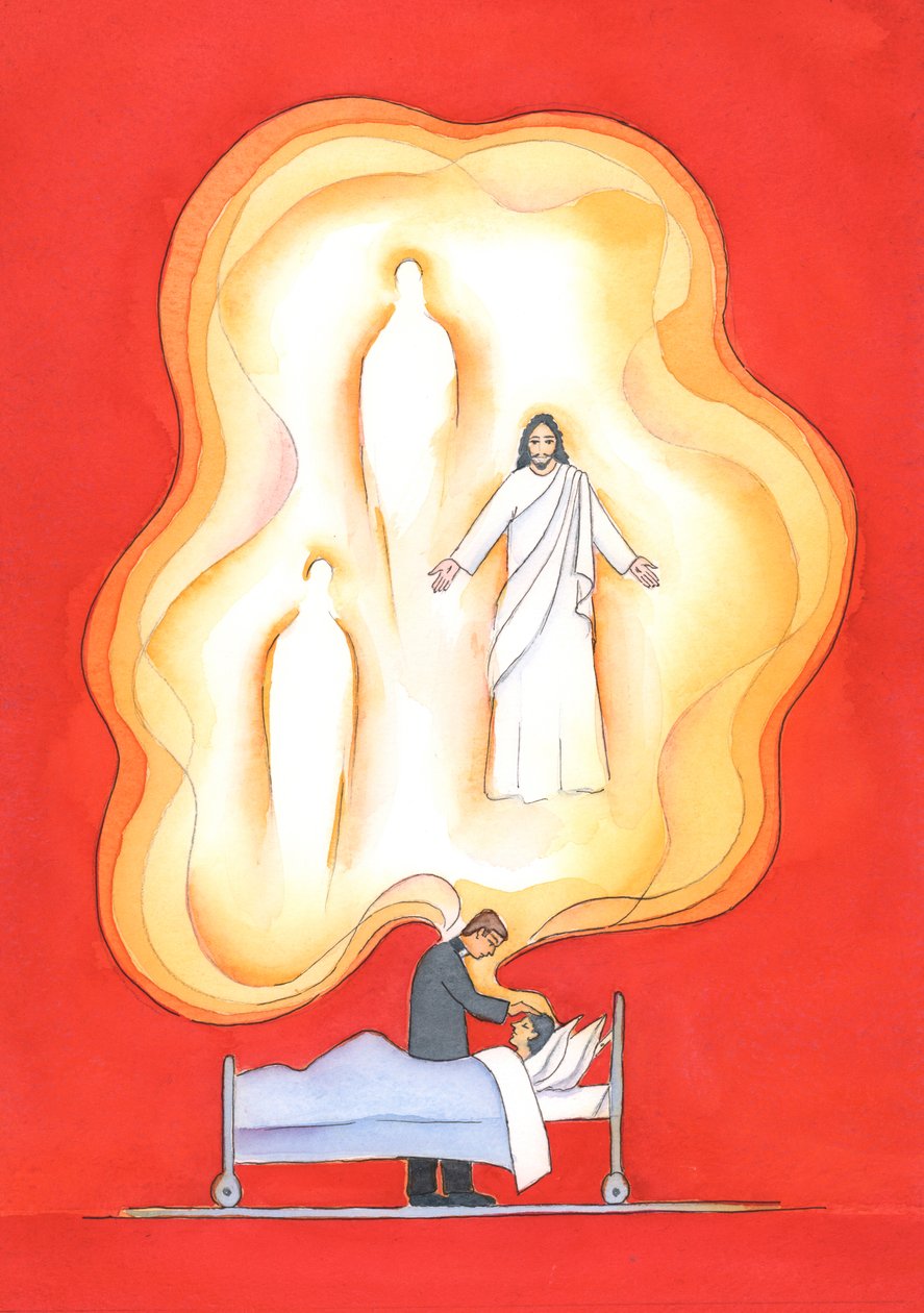 As bênçãos dadas no sacramento dos enfermos são dons da Santíssima Trindade, trazendo uma renovada participação na vida da Santíssima Trindade, com perdão, paz e muitos outros dons., 2004 (w - c de Elizabeth Wang
