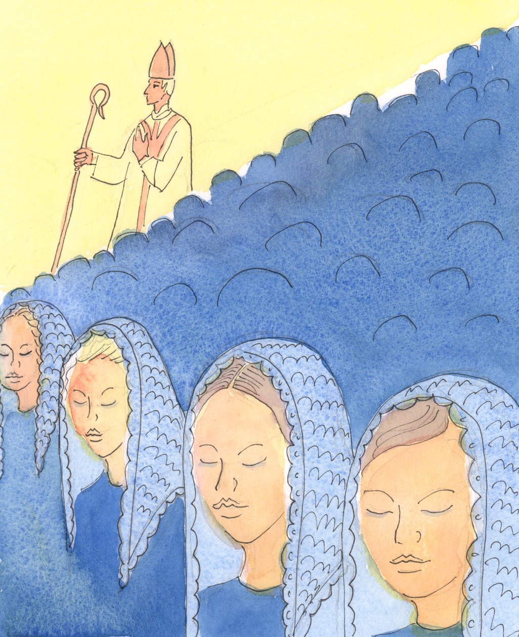A cobertura e a descoberta da cabeça são importantes para os Bispos, 2004 (w - c no papel) de Elizabeth Wang