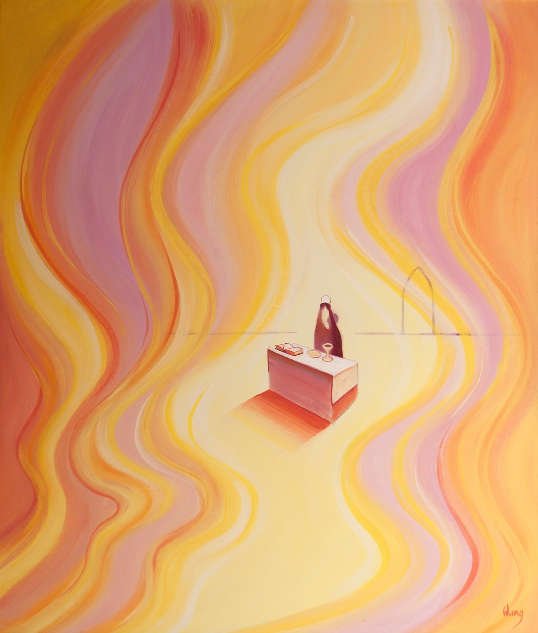 A glória de Cristo na missa é como um fogo que ilumina o santuário, 2001 (óleo a bordo) de Elizabeth Wang