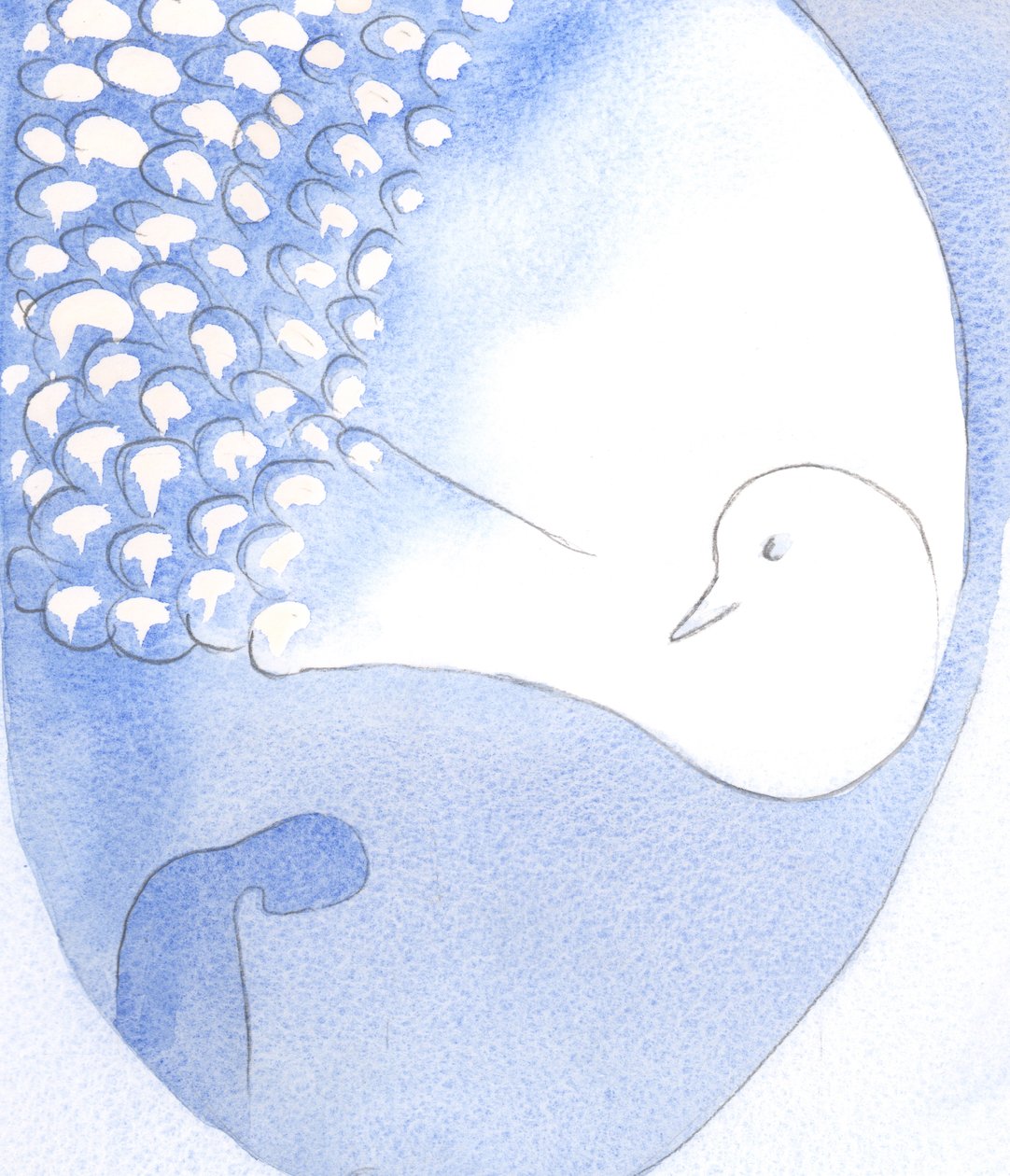 O Espírito Santo - visto como um belo pássaro com deslumbrantes penas brancas - está presente e agindo em nós, 2001 (w - c no papel) de Elizabeth Wang