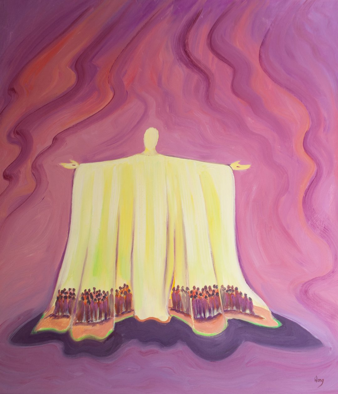 A oração de Jesus na Missa é como uma tenda que nos acolhe e protege no deserto das lutas e tentações quotidianas, 2001 (óleo a bordo) de Elizabeth Wang