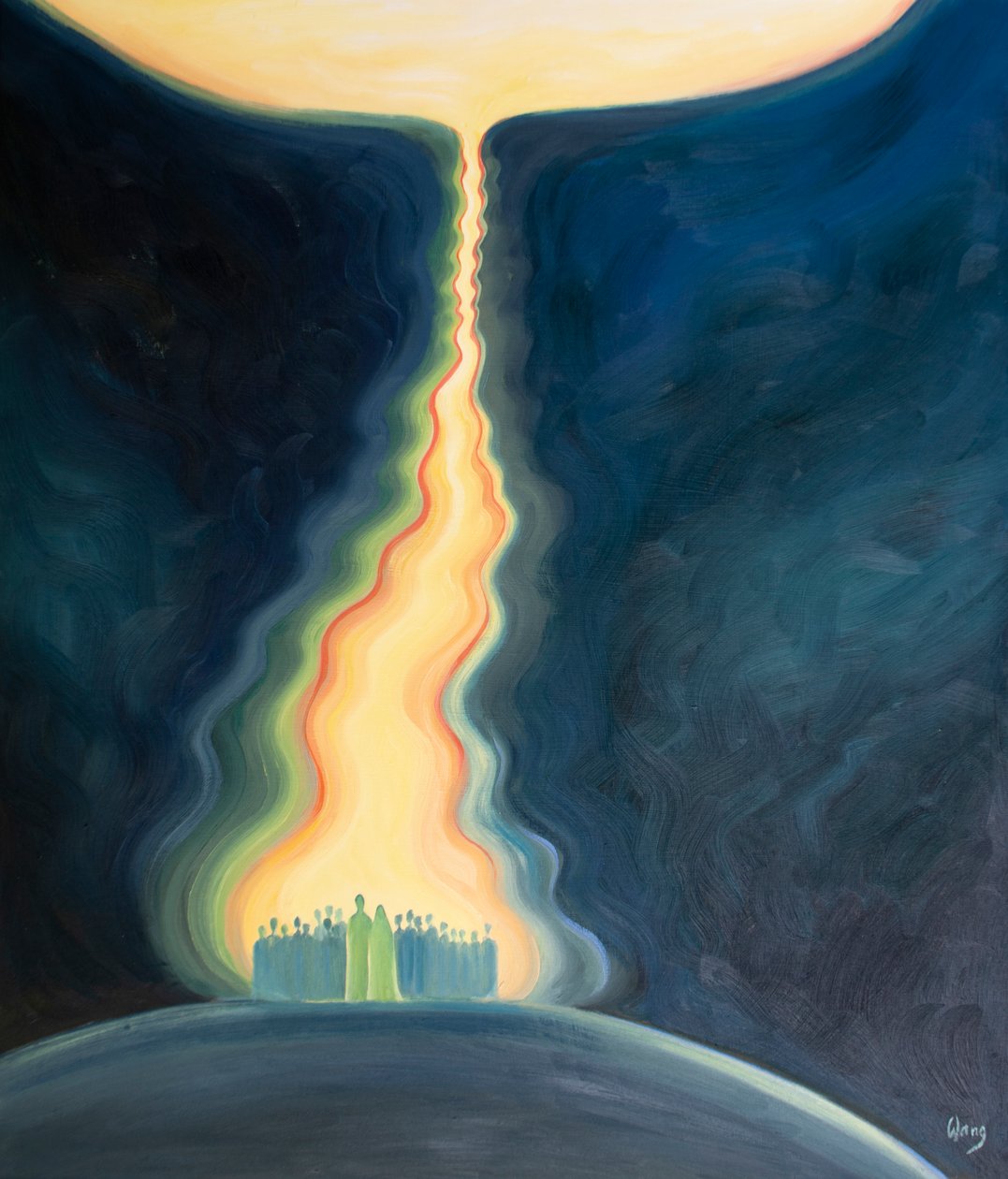 A oração da Igreja, oferecida por Jesus e com Maria, é como um cordão umbilical que sobe ao Pai e nos une ao céu., 2001 (óleo a bordo) de Elizabeth Wang
