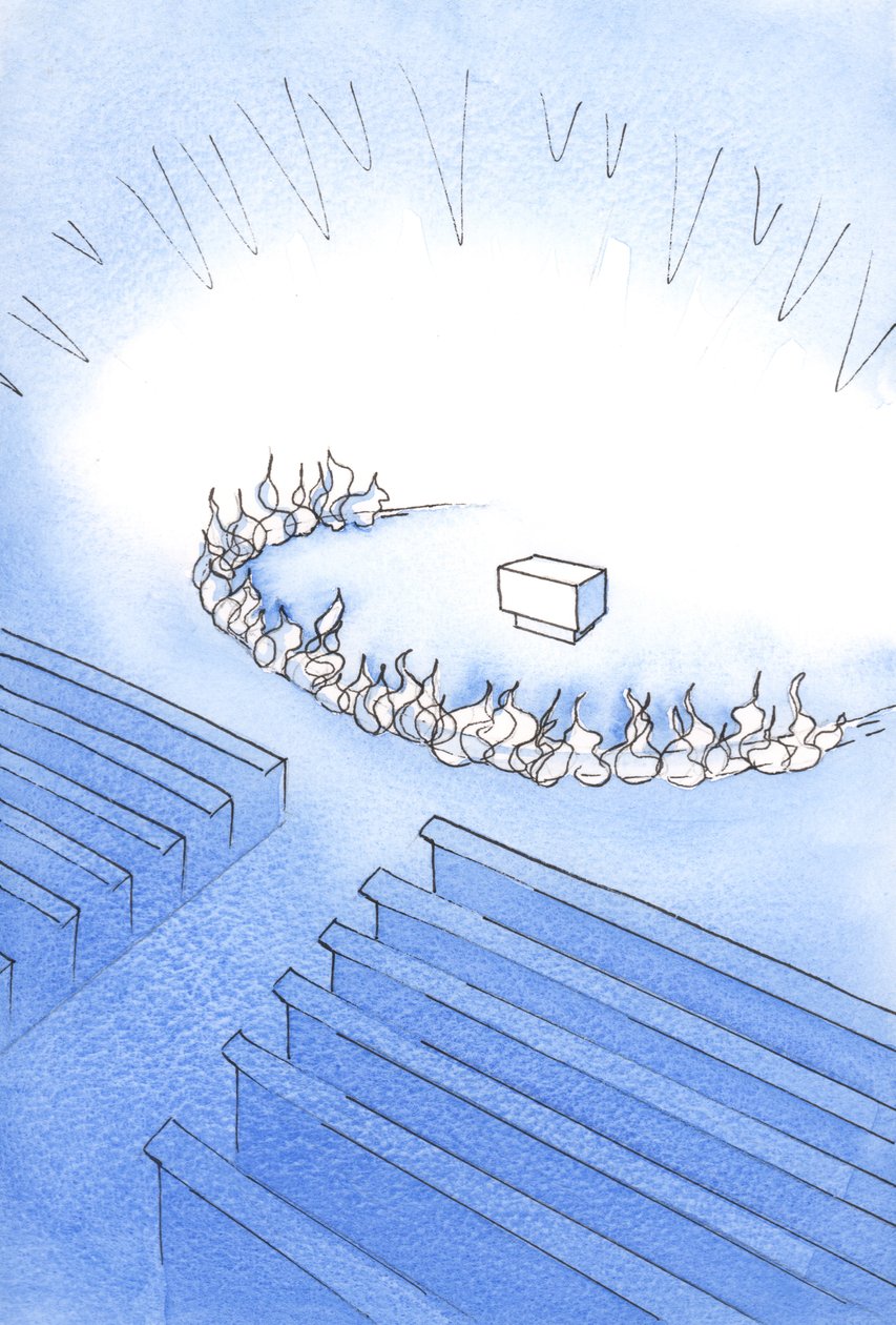 O santuário de uma igreja católica é um lugar sagrado, como se rodeado de fogo, e devemos nos preparar para ser mais dignos ao nos aproximarmos do altar, 2001 (w - c no papel) de Elizabeth Wang