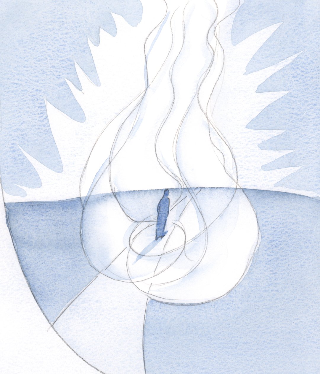 A alma cuja vontade se conforma com a de Deus, é dobrada no amor de Deus: conduzida por Cristo, dirigida pelo Espírito, indo ao Pai; Três pessoas dando uma chama, 2001 (w - c no papel) de Elizabeth Wang