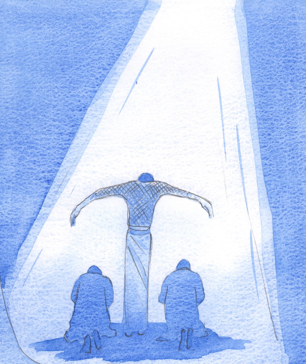 O sofredor Salvador se levanta, com os braços estendidos, para abrigar as pessoas arrependidas; e o Pai olha amorosamente do Céu, para Seu Filho, 2002 (w - c no papel) de Elizabeth Wang