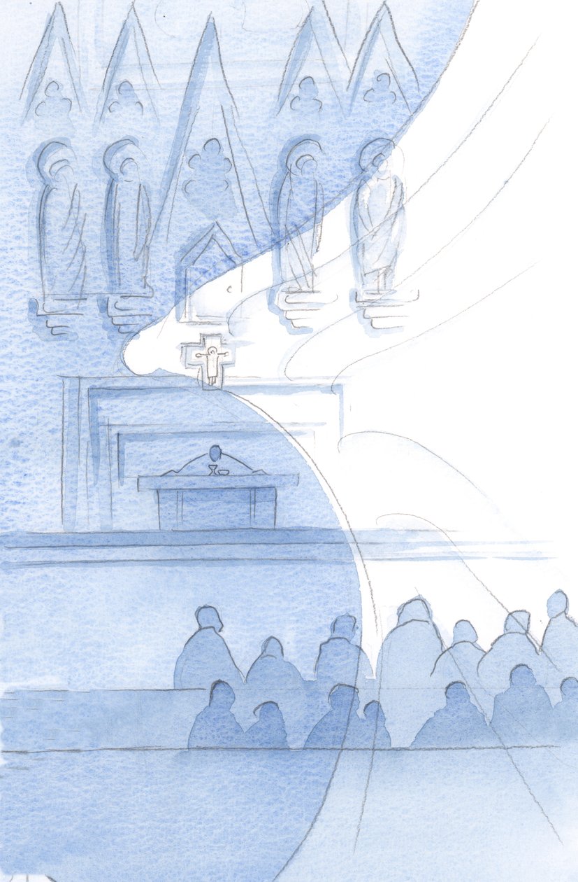 Todo o edifício da igreja está apinhado de anjos; nós os escovamos a cada momento., 2001 (w - c no papel) de Elizabeth Wang