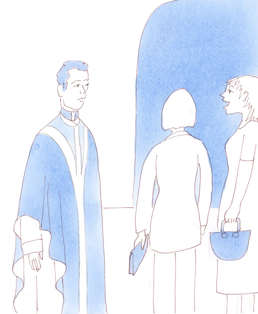 Há católicos que concordam com o seu padre quando ele diz que seria bom para eles aprenderem mais sobre a fé; e alguns até lhe pedem para arranjar oradores, 2005 (aguarela sobre papel) de Elizabeth Wang
