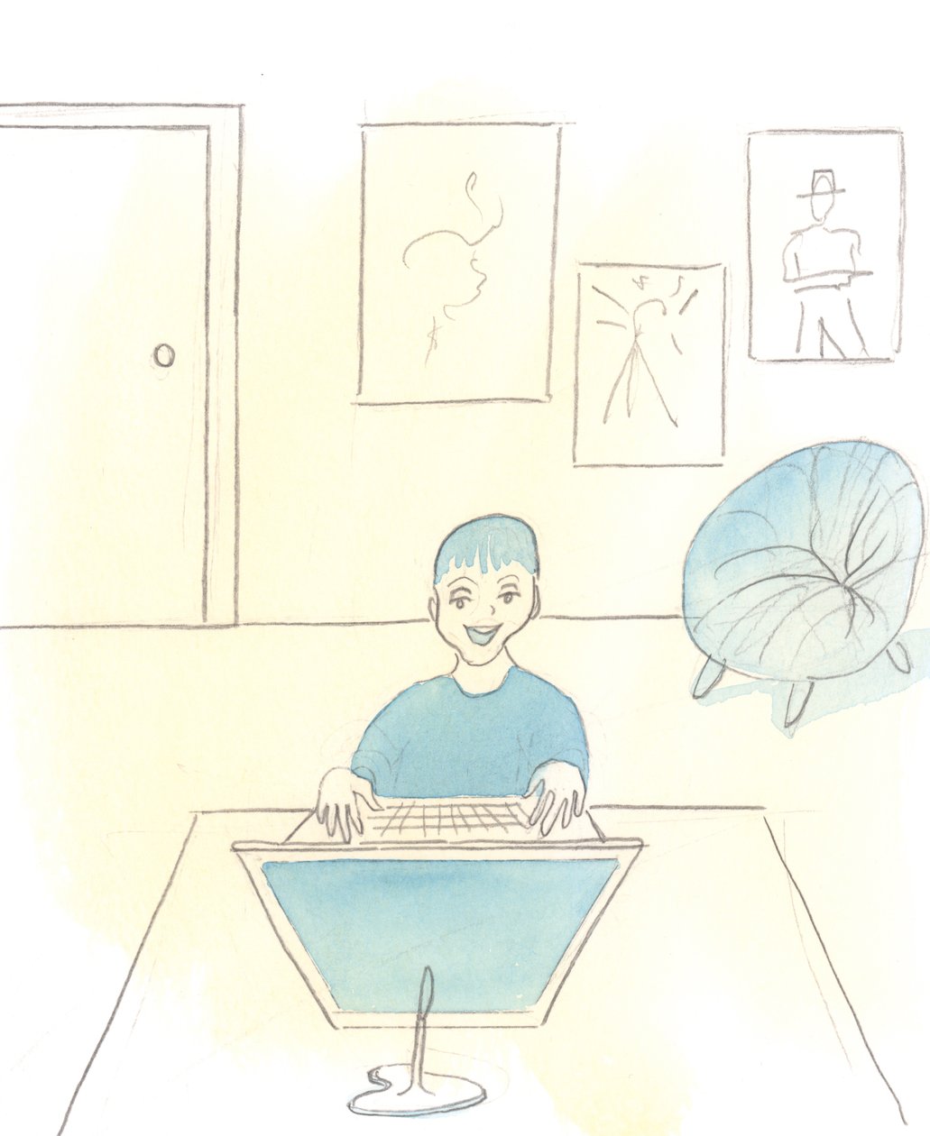 Há muitas crianças que, entregues a si próprias, tomam decisões tolas ou egoístas sobre o seu comportamento; por exemplo, muitas optam por ver pornografia nos seus computadores em vez de fazerem os seus trabalhos escolares, 2005 (aguarela sobre papel) de Elizabeth Wang
