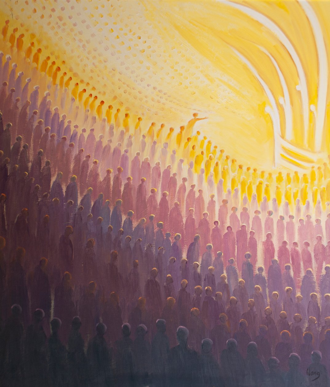 Através de nossas orações, as Almas Santas do Purgatório recebem consolo e ajuda, e se aproximam do Céu, 2000 (óleo a bordo) de Elizabeth Wang