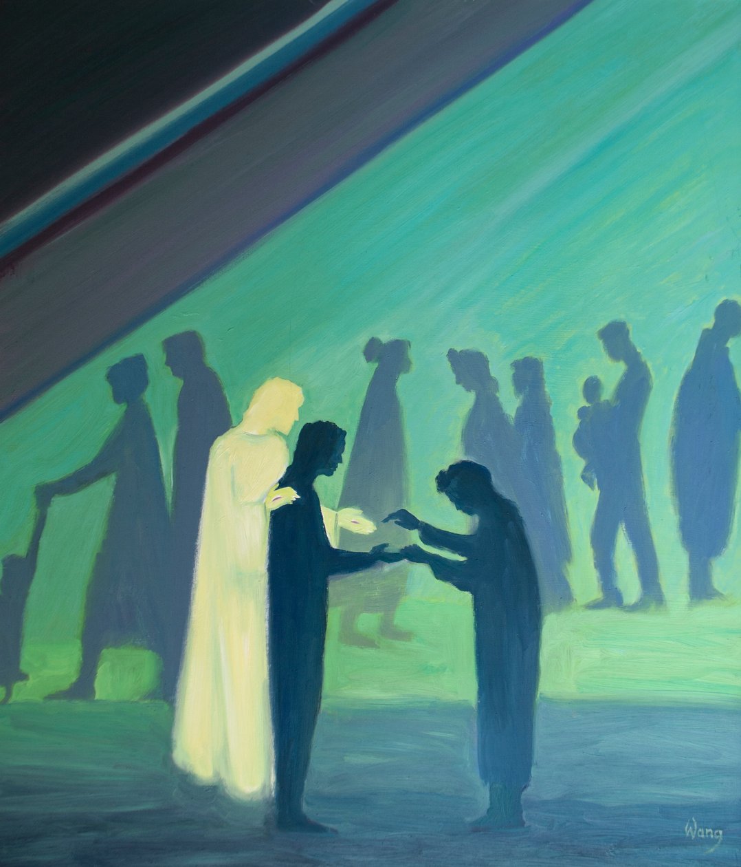 Por meio de nossas menores palavras e ações, Cristo mostra Seu amor a outras pessoas, 2000 (óleo a bordo) de Elizabeth Wang