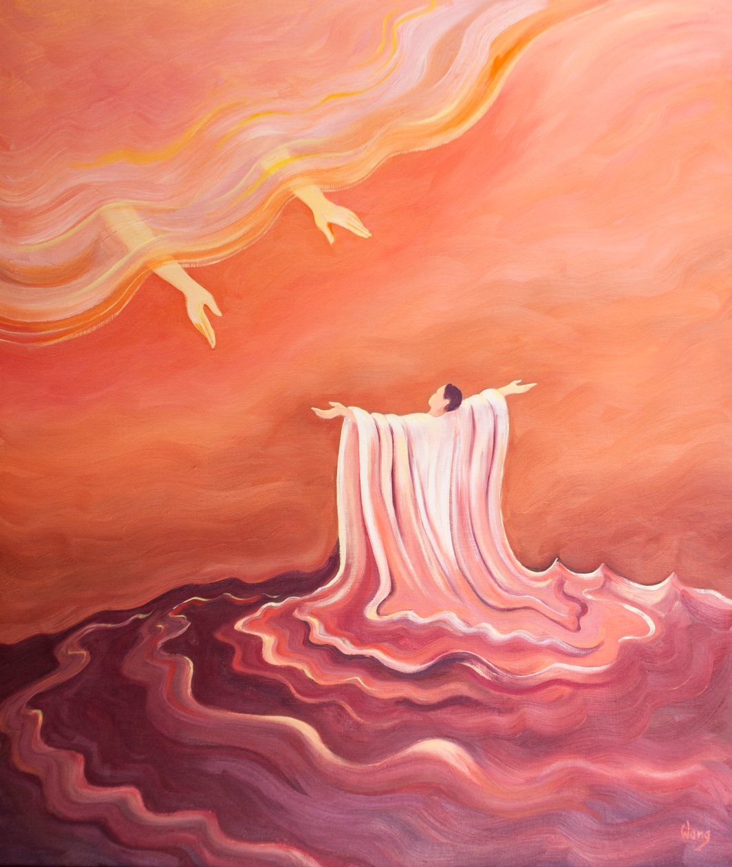 Pelo Sangue de Cristo somos lavados e vestidos com uma vestimenta branca, prontos para nos aproximar do Pai, 2001 (óleo a bordo) de Elizabeth Wang
