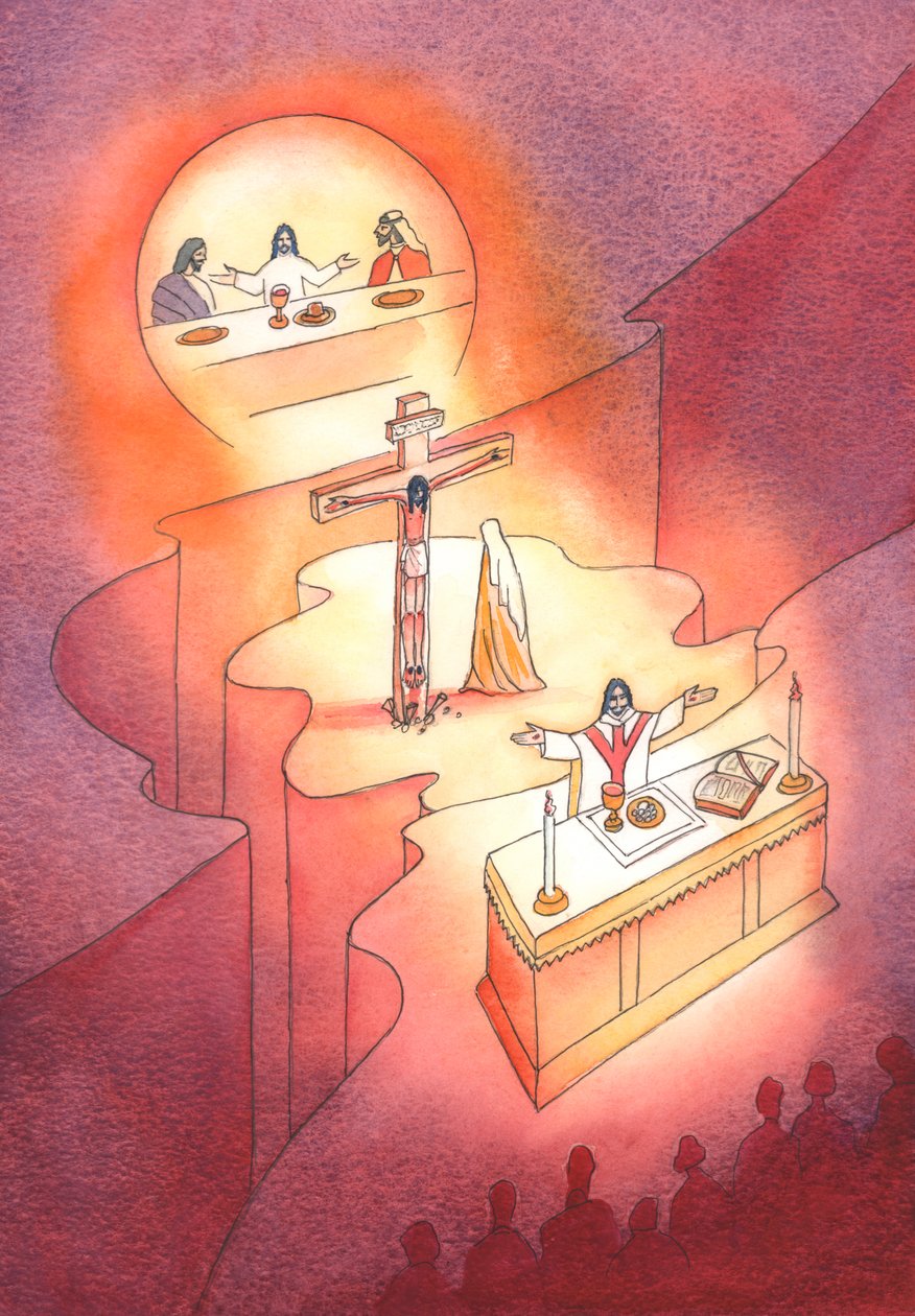 Através da Eucaristia, que foi instituída na Última Ceia, o Sacrifício do Calvário é reapresentado a cada geração, 2001 (w - c no papel) de Elizabeth Wang