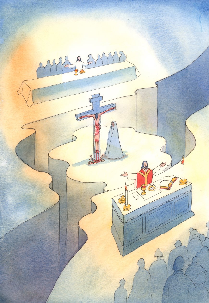 Através da Eucaristia, que foi instituída na Última Ceia, o Sacrifício do Calvário é reapresentado a cada geração, 2001 (w - c no papel) de Elizabeth Wang