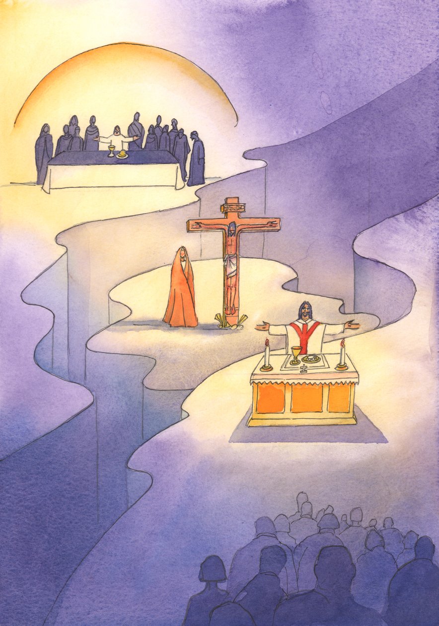 Através da Eucaristia, que foi instituída na Última Ceia, o Sacrifício do Calvário é reapresentado a cada geração, 2001 (w - c no papel) de Elizabeth Wang