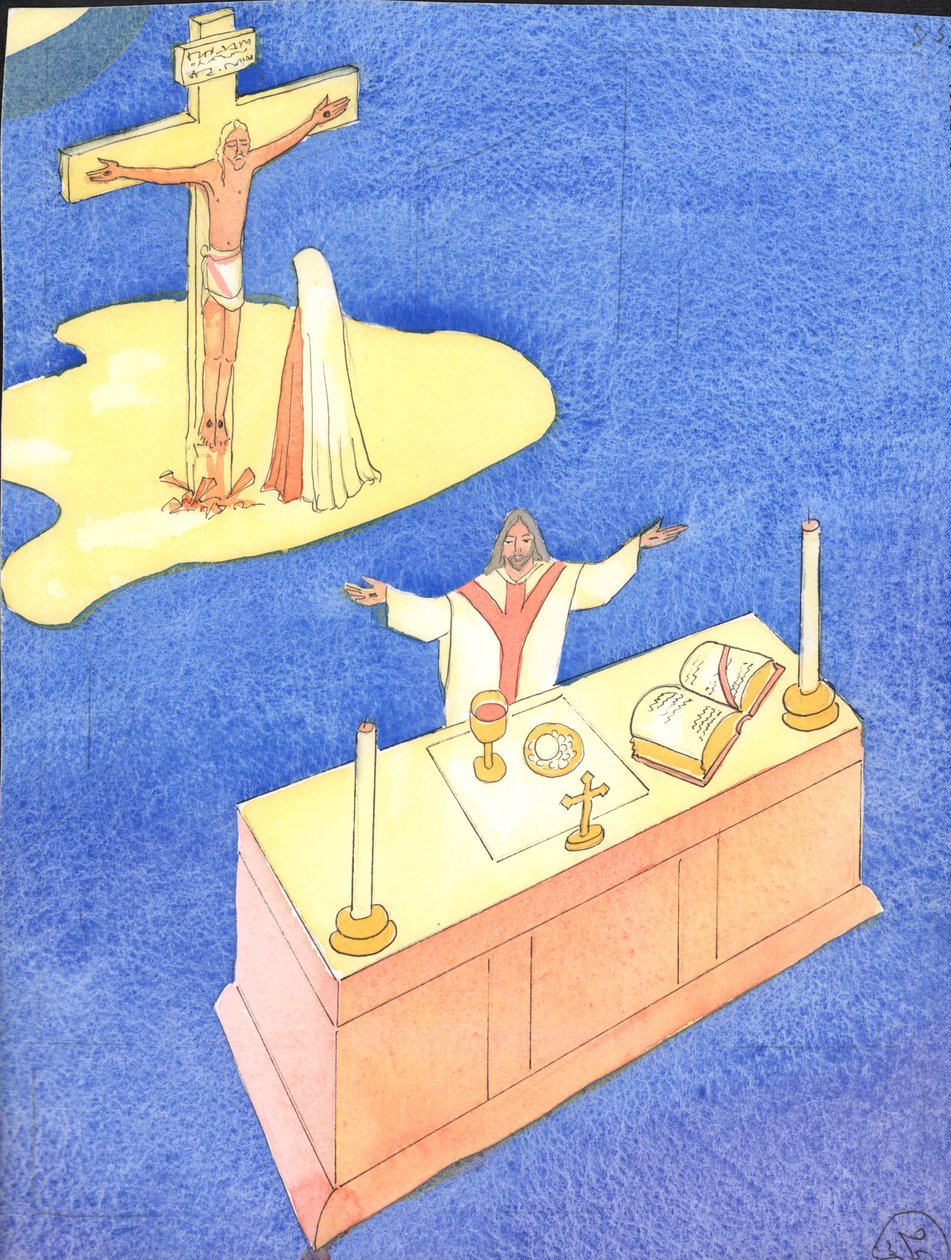 Através da Eucaristia, que foi instituída na Última Ceia, o Sacrifício do Calvário é reapresentado a cada geração, 2001 (w - c no papel) de Elizabeth Wang