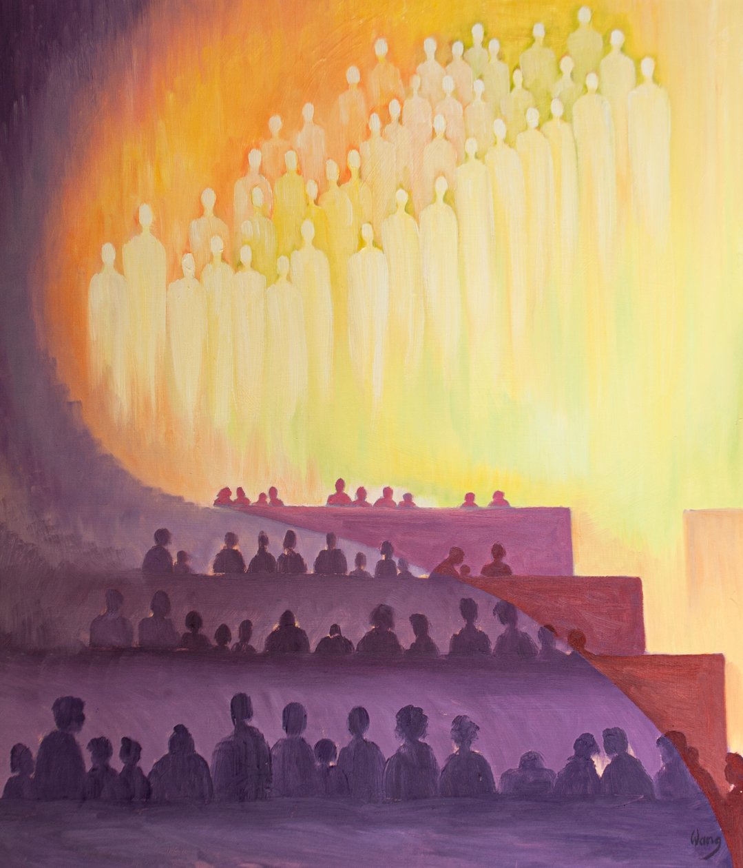 Através do Espírito Santo, estamos unidos na Missa com os santos e anjos em um Sacrifício de Louvor, 2000 (óleo a bordo) de Elizabeth Wang